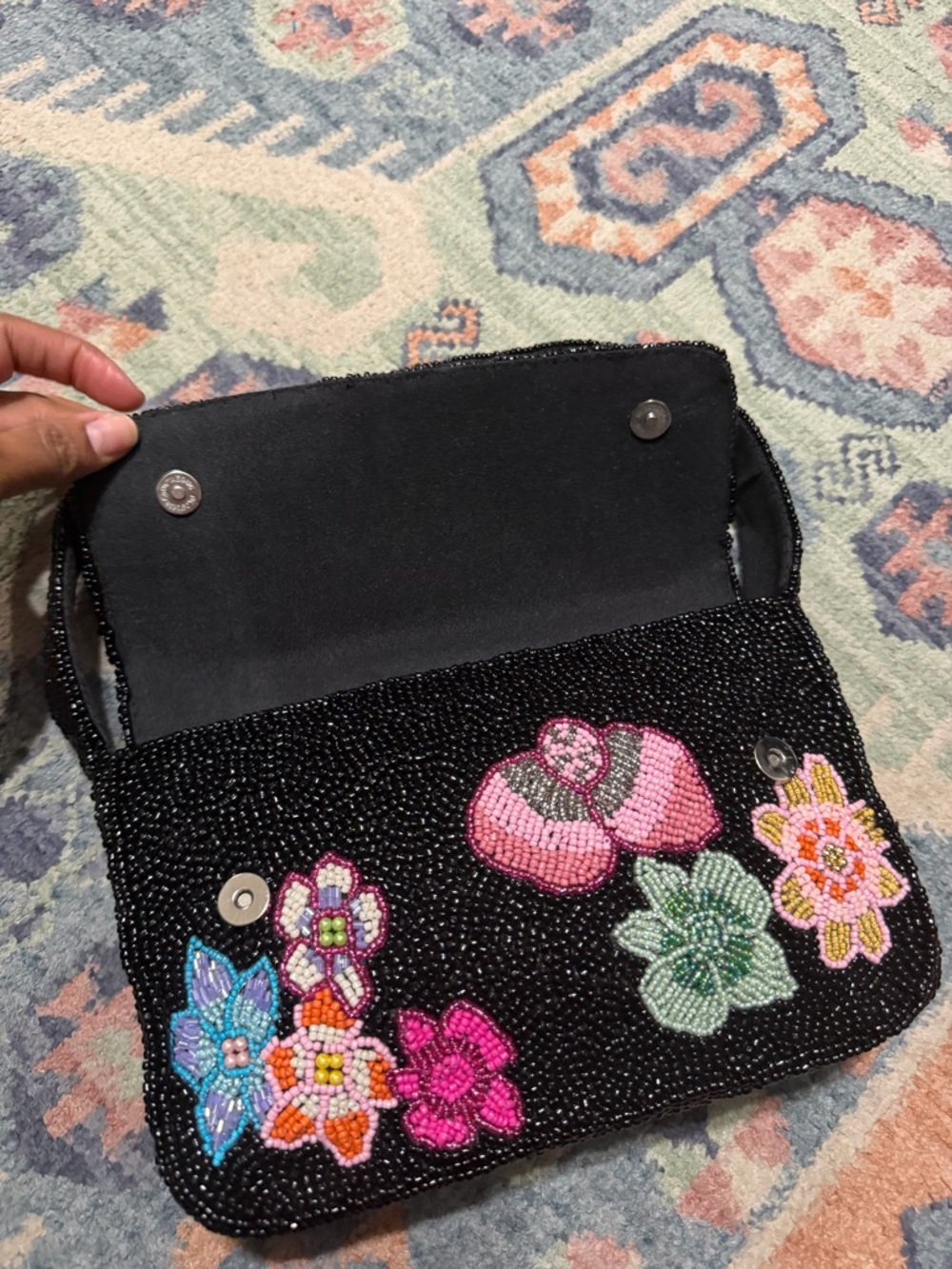 Beaded Floral Black Shoulder Bag with Multicolor Embroidery - Picture 3 of 4